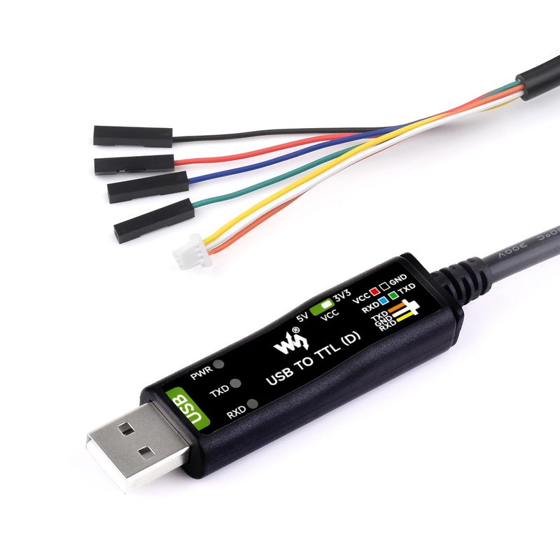Waveshare Industrial USB to TTL (D) Serial Cable, Compatible with Raspberry Pi 5, Original FT232RNL Chip, Multi Protection Circuits, with Separated 4pin Header + SH1.0 3PIN Connector - Image 1